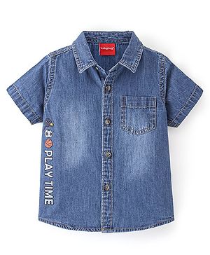 Babyhug Denim Woven Half Sleeves Shirt Sports Print - Blue
