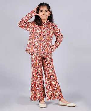 misbis Full Sleeves Vintage Intricate Design Printed Shirt With Co Ordinating Pant Set - Red