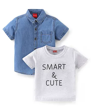 Babyhug Cotton Denim Half Sleeves Solid Colour Shirt with T-Shirt - Blue