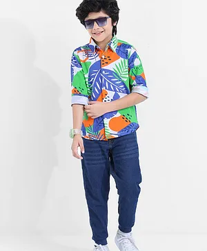 Ollington St. 100% Cotton Full Sleeves Shirt & Denim Joggers Set All Over Print - White & Indigo