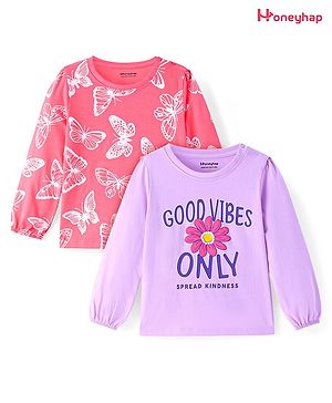 Honeyhap Premium Cotton Knit Full Sleeves Floral & Butterfly Printed T-Shirts Pack of 2 - Orchid Lavender & Carrot