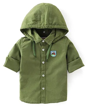 Babyhug Cotton Woven Full Sleeves Hooded Solid Shirt - Green
