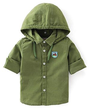 Babyhug Cotton Woven Full Sleeves Hooded Solid Shirt - Green