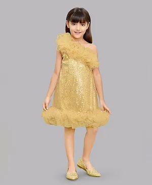 PinkChick Sleeveless Ruffled Neckline & Hem Detailed With Swirl Designed Sequin Embellished A Line Dress - Golden