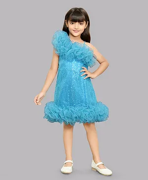 PinkChick Sleeveless Ruffled Neckline Detailed  Sequined Embellished A Line Party Dress - Blue