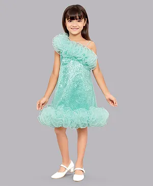 PinkChick Sleeveless Ruffled Neckline Detailed  Sequined Embellished A Line Party Dress  - Sea Green