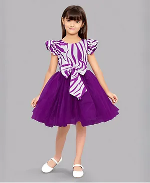 PinkChick Frill Sleeves Zebra Printed & Bow Applique Tulle Flared Party Dress - Purple