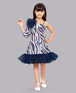 PinkChick  One Shoulder Zebra Printed With Flower Embellished A Line   Party Dress  - Navy Blue