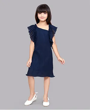 PinkChick Flutter Sleeves Solid A Line Dress  - Navy Blue