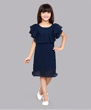 PinkChick Half Sleeves Solid Ruffled Dress  - Navy Blue