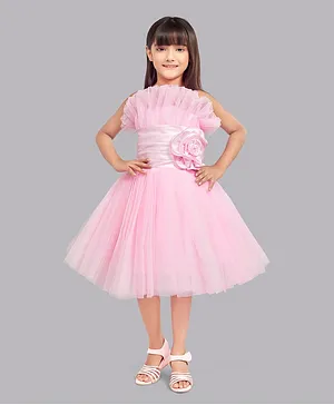 PinkChick Sleeveless Floral Applique Ruffled  Party Dress -  Pink