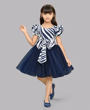 PinkChick Frilled Half Sleeve Zebra Printed & Bow Embellished Fit & Flared Dress - Blue & White