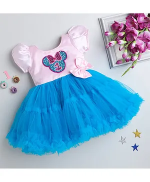 PinkChick Birthday Theme Puffed Half Sleeves Stone Embellished & Ruffle Detailed Fit & Flare Dress - Blue & Pink