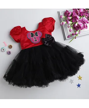 PinkChick Birthday Theme Puffed Half Sleeves Stone Embellished & Ruffle Detailed Fit & Flare Dress - Red