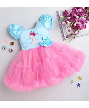 PinkChick Birthday Theme Puffed Half Sleeves Crown & Bow Embellished Fit & Flare Dress - Pink & Blue