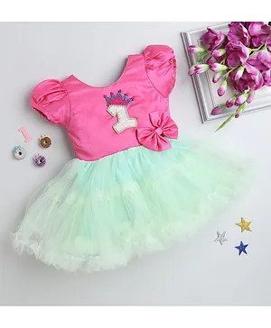 PinkChick Birthday Theme Puffed Half Sleeves Crown & Bow Embellished Fit & Flare Dress - Pink & Light Green