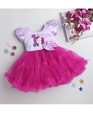 PinkChick Birthday Theme Puffed Half Sleeves Beaded Unicorn Embellished Fit & Flare Dress -  Lavender & Pink