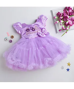 PinkChick Birthday Theme Puffed Half Sleeves Princess Stone Embellished & Ruffle Detailed Fit & Flare Dress  - Lavender