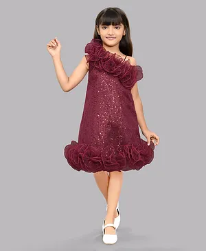 PinkChick Sleeveless Ruffled Neckline & Hem Detailed With Swirl Designed Sequin Embellished A Line Dress - Maroon Burgundy