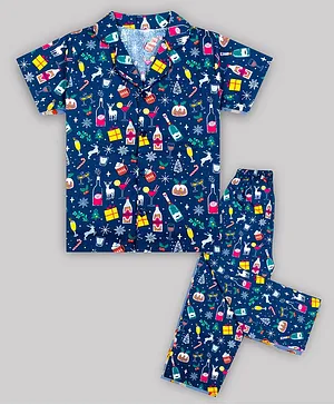 Sheer Love Cotton X-Mas Printed Half Sleeves Collar Shirt With Full Pyjama Set - Navy Blue