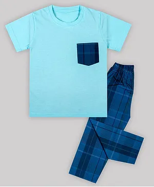 Sheer Love Cotton Half Sleeves T-Shirt With Pocket And Checks Pyjama Set - Light Blue