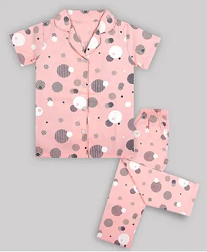 Sheer Love Cotton Polka Dots Printed Half Sleeves Collar Shirt with Full Pyjama Set - Peach