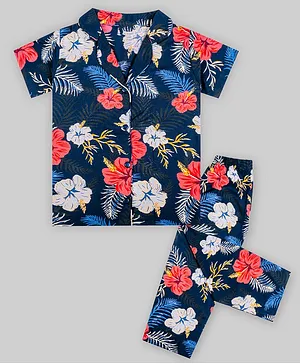 Sheer Love Cotton Floral Printed Half Sleeves Collar Shirt with Full Pyjama Set - Navy Blue