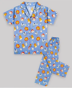 Sheer Love Jungle Animals Printed Half Sleeves Collar Shirt with Full Pyjama Set -Sky Blue