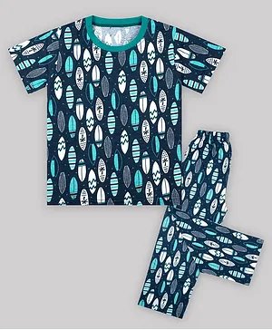 Sheer Love Surf Board Printed Half Sleeves T-Shirt with Full Pyjama Set -Dark Blue