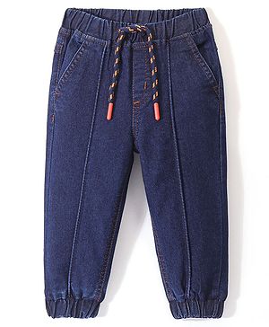 Babyhug Full Length Stretchable Solid Color Denim Jogger Dark Blue (Drawstring Colour May Vary)