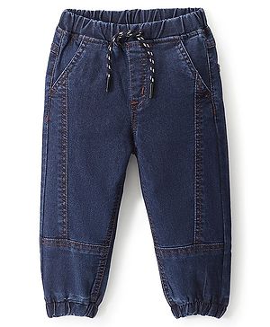 Babyhug Full Length Stretchable Solid Color Denim Jogger - Dark Blue