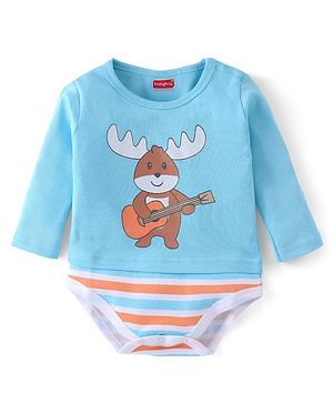 Babyhug 100% Cotton Knit Full Sleeves Onesies Reindeer Print - Blue