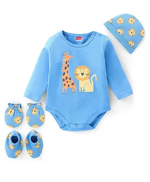 Babyhug 100% Cotton Full Sleeves Lion Printed Onesies with Cap Mittens & Booties - Blue
