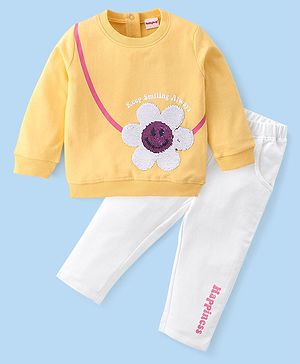 Babyhug 100% Cotton Knit Full Sleeves Floral Sequins Detailing Top & Lounge Pant Set - Yellow & White
