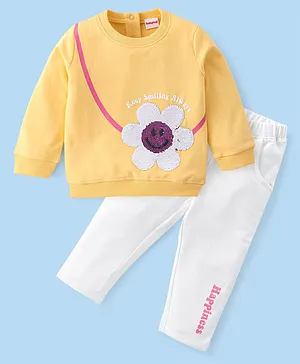 Babyhug 100% Cotton Knit Full Sleeves Floral Sequins Detailing Top & Lounge Pant Set - Yellow & White