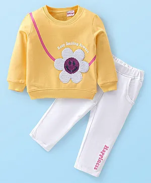 Babyhug 100% Cotton Knit Full Sleeves Floral Sequins Detailing Top & Lounge Pant Set - Yellow & White