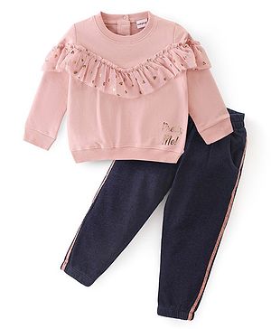 Babyhug 100% Cotton Knit Full Sleeves Top & Legging Set Heart Print - Pink & Blue