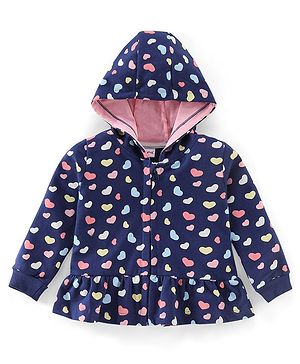 Babyhug Cotton Knit Full Sleeves Hooded Sweatjacket with Heart Print - Navy Blue