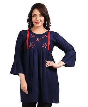 Fabme Three Fourth Sleeves Floral Embroidered Maternity Tunic With Nursing Access - Navy Blue