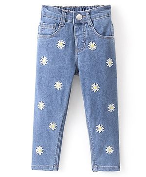 Babyhug Denim Full Length Washed Jeans With Stretch & Floral Embroidery -  Blue
