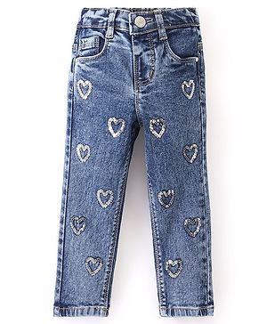Babyhug Denim Full Length Stretchable Washed Jeans With Heart Sequine Detailing - Blue