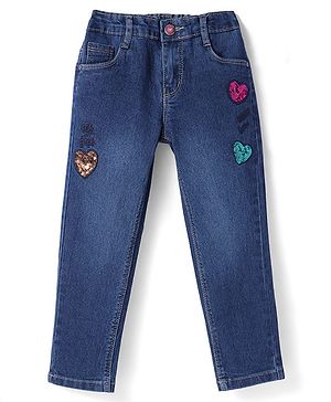 Babyhug Denim Full Length Sequins Detailing & Washed Stretchable Jeans - Blue