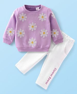 Babyhug Terry Cotton Knit Full Sleeves Floral Printed T-Shirt & Lounge Pant Set - Purple & White