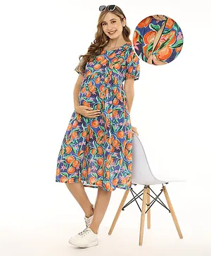 Bella Mama Women Short Sleeves Floral Printed Maternity Dress with Pocket - Blue