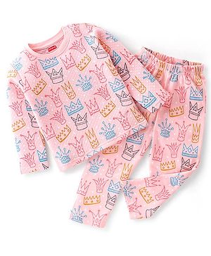 Babyhug Interlock Full Sleeves Winterwear Nightsuit with Crown Printed - Pink