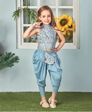 Lil Peacock Sleeveless Printed Top With Dhoti Sling Bag - Blue