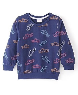 Babyhug Cotton Full Sleeves Sweatshirt with Car Printed - Navy Blue