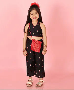 Lil Peacock Sleeveless Top With Palazzo Floral Embroidery - Black
