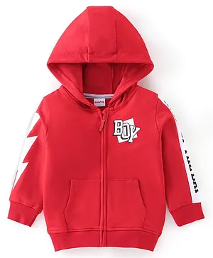 Babyhug Cotton Knit Full Sleeves Sweatjacket With Zipper Hood & Graphics Detailing - Red