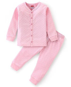 Babyhug Full Sleeves Polka Dot Printed Front Open Thermal Inner Wear Set-Pink